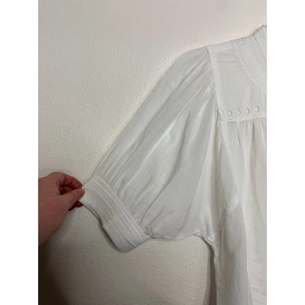 Madewell Sz 0 Puff Sleeve Band Collar Shirt White Button Front Embroidered NWT